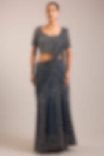 Steel Grey Tulle Hand Embellished Draped Bridal Saree Set by Rohit Gandhi & Rahul Khanna at Pernia's Pop Up Shop