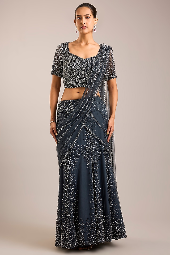 Steel Grey Tulle Hand Embellished Draped Bridal Saree Set by Rohit Gandhi & Rahul Khanna at Pernia's Pop Up Shop