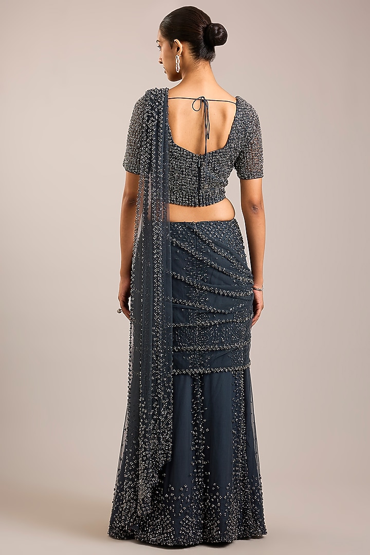 Steel Grey Tulle Hand Embellished Draped Bridal Saree Set by Rohit Gandhi & Rahul Khanna at Pernia's Pop Up Shop