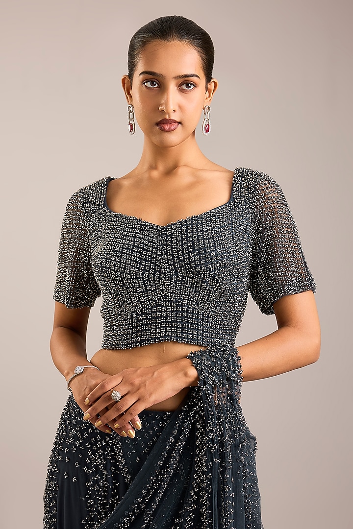 Steel Grey Tulle Hand Embellished Draped Bridal Saree Set by Rohit Gandhi & Rahul Khanna at Pernia's Pop Up Shop