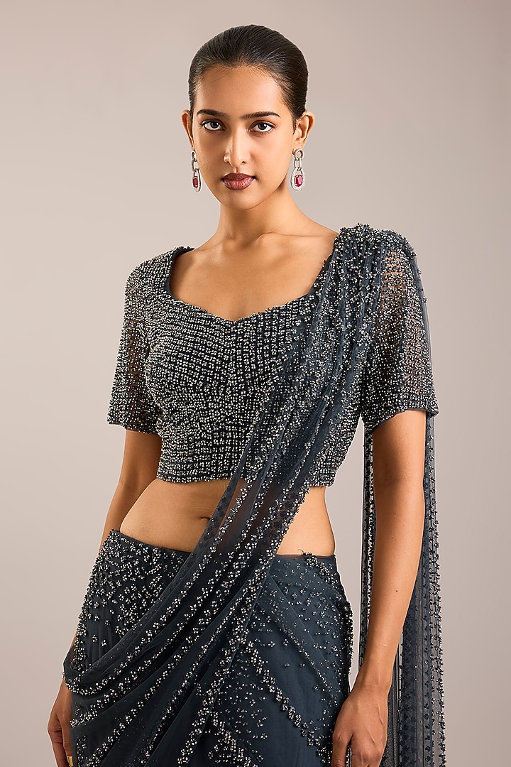 Steel Grey Tulle Hand Embellished Draped Bridal Saree Set by Rohit Gandhi & Rahul Khanna at Pernia's Pop Up Shop