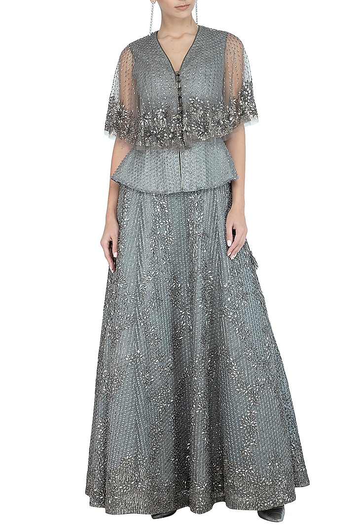 Grey Peplum Top With Embroidered Cape by Rohit Gandhi & Rahul Khanna