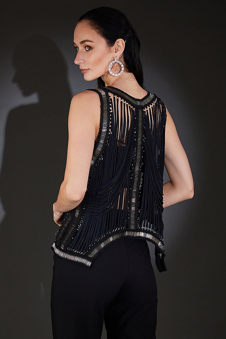 Black Crepe Metallic Embellished Gilet Jacket by Rohit Gandhi & Rahul Khanna at Pernia's Pop Up Shop