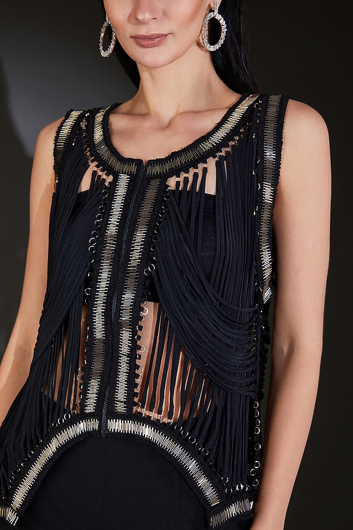Black Crepe Metallic Embellished Gilet Jacket by Rohit Gandhi & Rahul Khanna at Pernia's Pop Up Shop