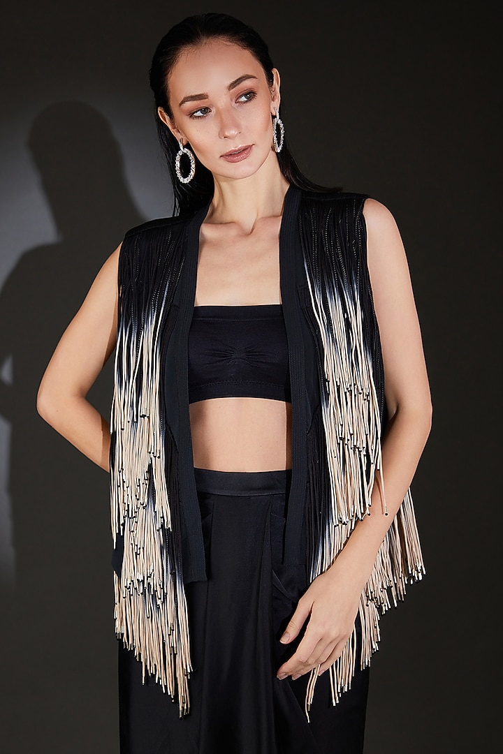 Sapphire Beige Crepe Ombre Tassel Jacket by Rohit Gandhi & Rahul Khanna at Pernia's Pop Up Shop