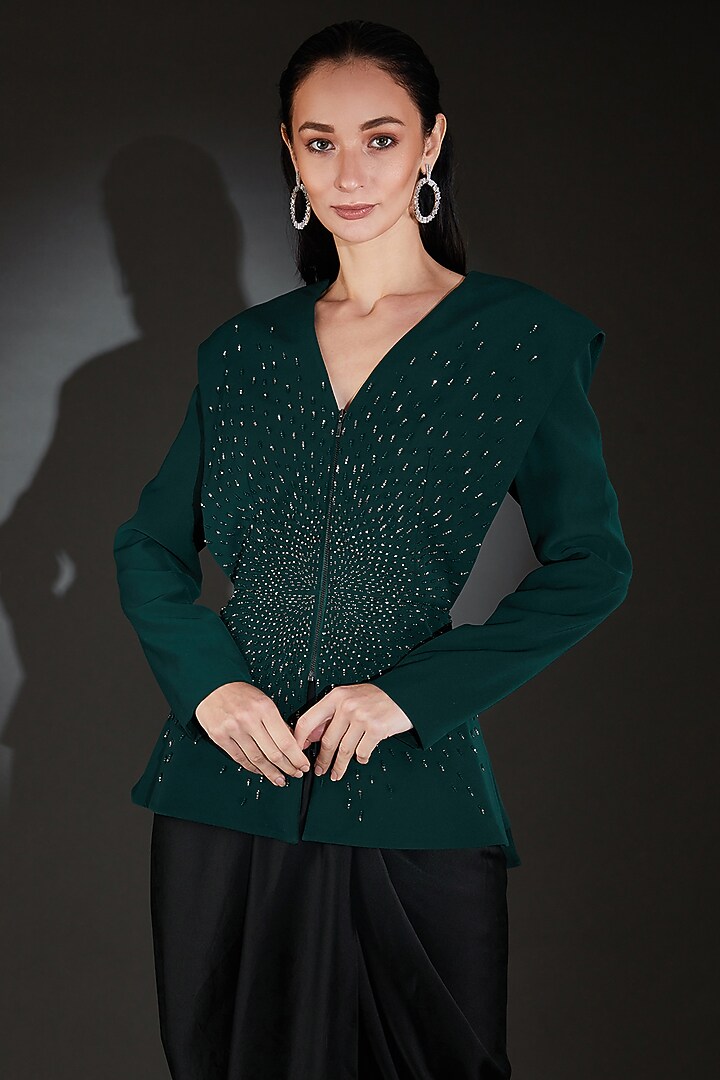 Blue Crepe Hand Embellished Jacket by Rohit Gandhi & Rahul Khanna at Pernia's Pop Up Shop
