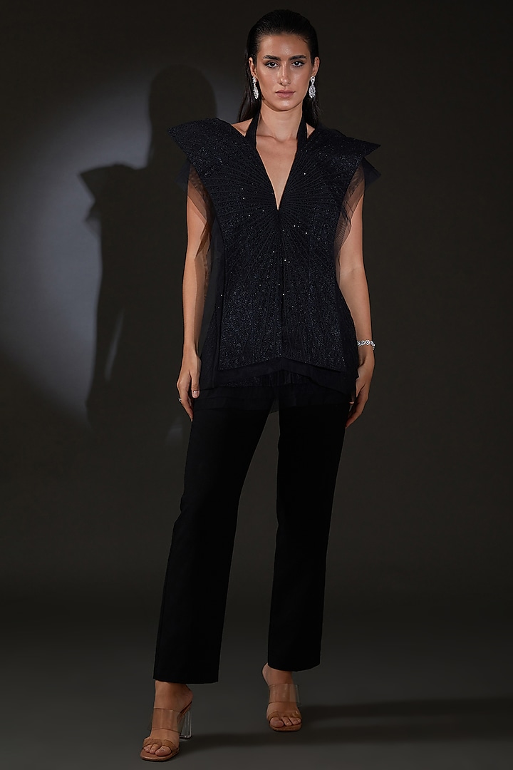 Black Hard Net Double Layered Ray Jacket by Rohit Gandhi & Rahul Khanna at Pernia's Pop Up Shop