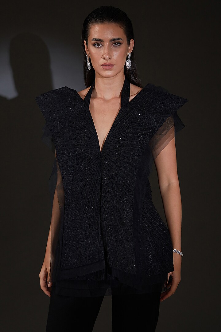 Black Hard Net Double Layered Ray Jacket by Rohit Gandhi & Rahul Khanna at Pernia's Pop Up Shop