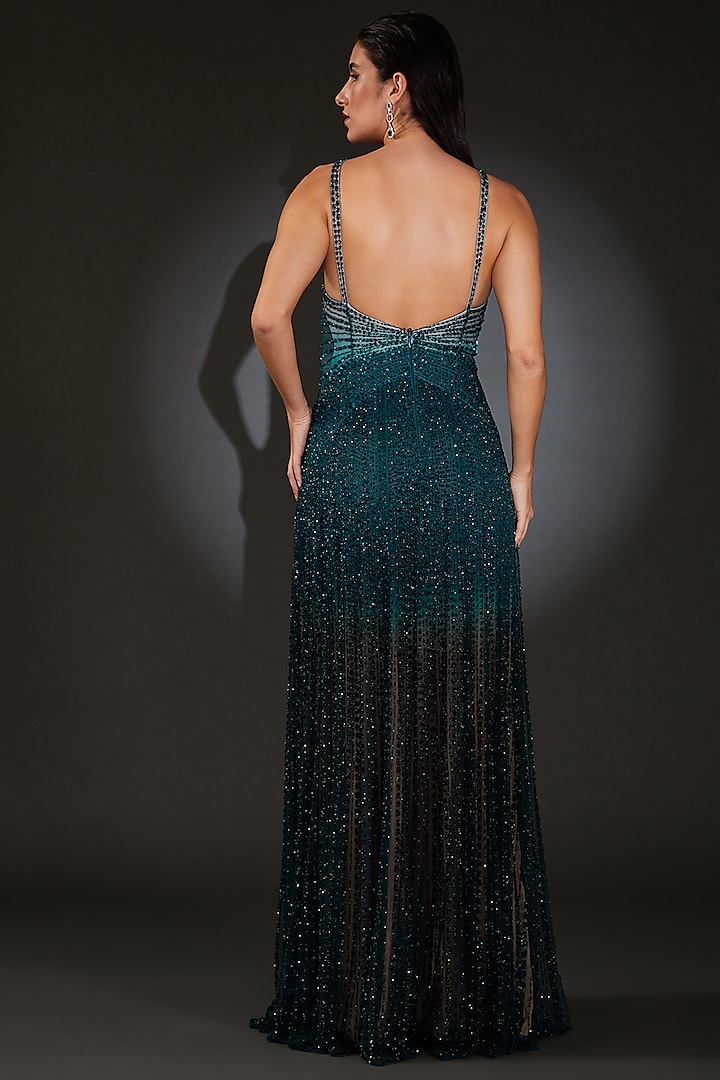 Bottle Green Tulle Embroidered Bridal Gown by Rohit Gandhi & Rahul Khanna at Pernia's Pop Up Shop