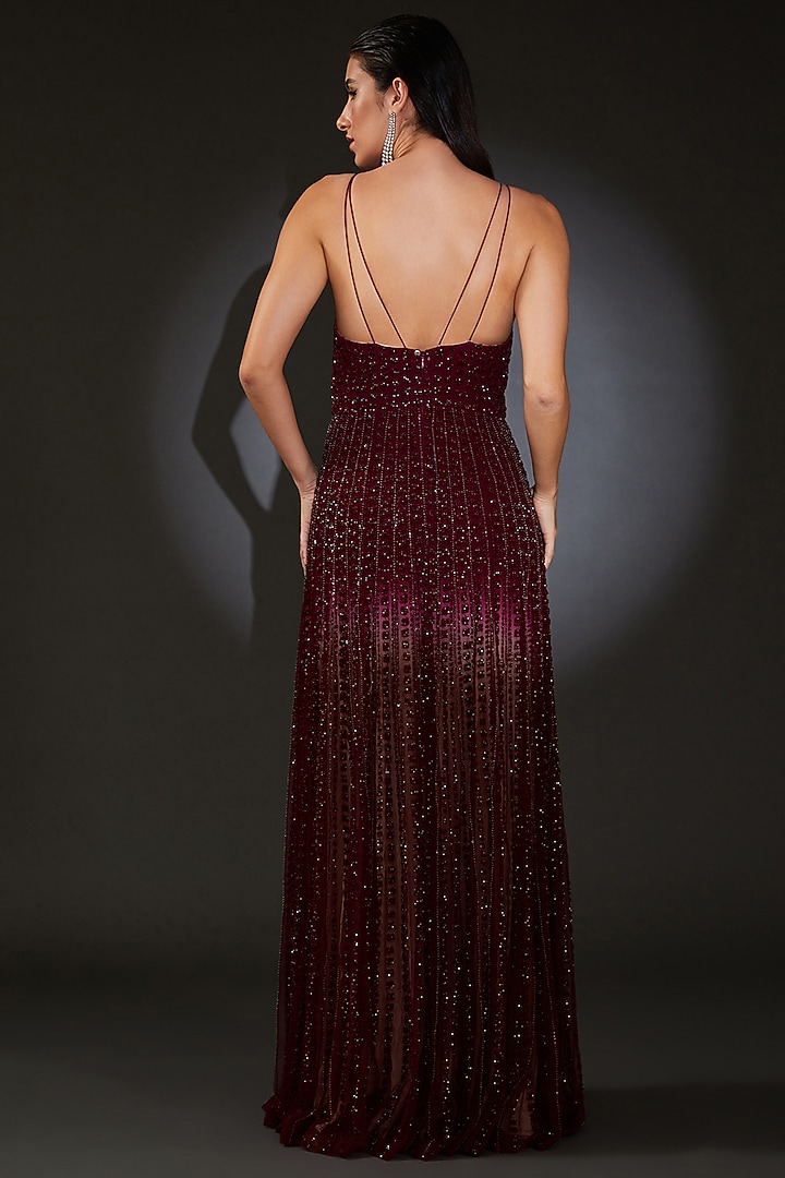 Maroon Tulle Embroidered Bridal Gown by Rohit Gandhi & Rahul Khanna at Pernia's Pop Up Shop