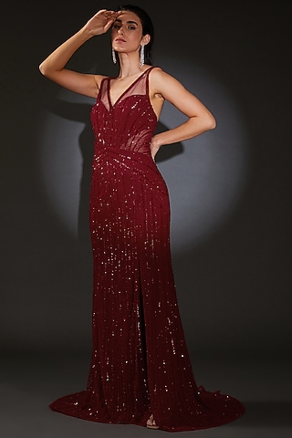 Red Tulle Sequins Embroidered Gown by Rohit Gandhi & Rahul Khanna