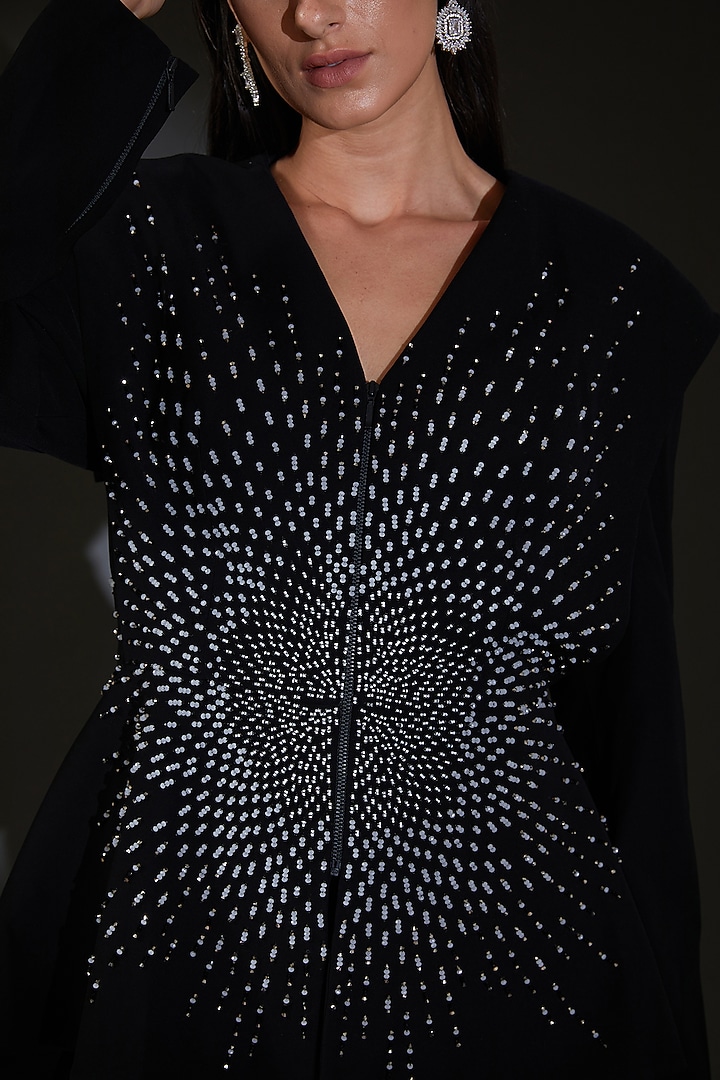 Black Heavy Crepe Crystal & Bead Embellished Jacket by Rohit Gandhi & Rahul Khanna at Pernia's Pop Up Shop