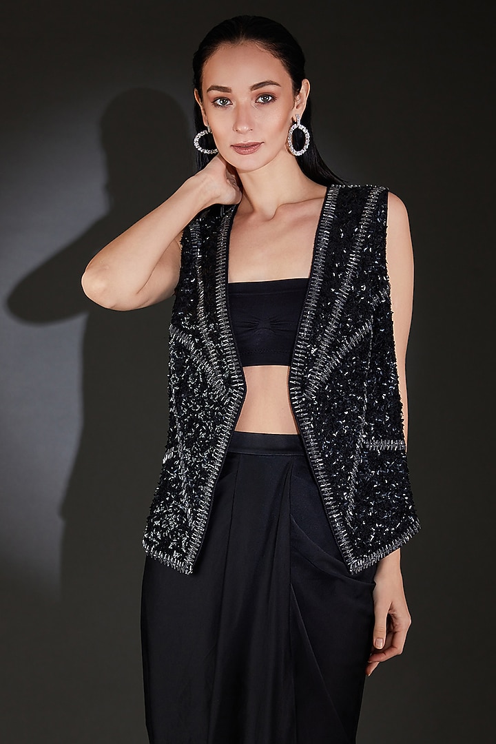 Black Viscose Sequins Embellished Jacket by Rohit Gandhi & Rahul Khanna at Pernia's Pop Up Shop