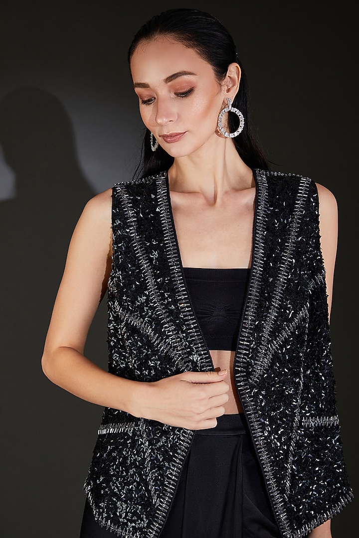 Black Viscose Sequins Embellished Jacket by Rohit Gandhi & Rahul Khanna at Pernia's Pop Up Shop