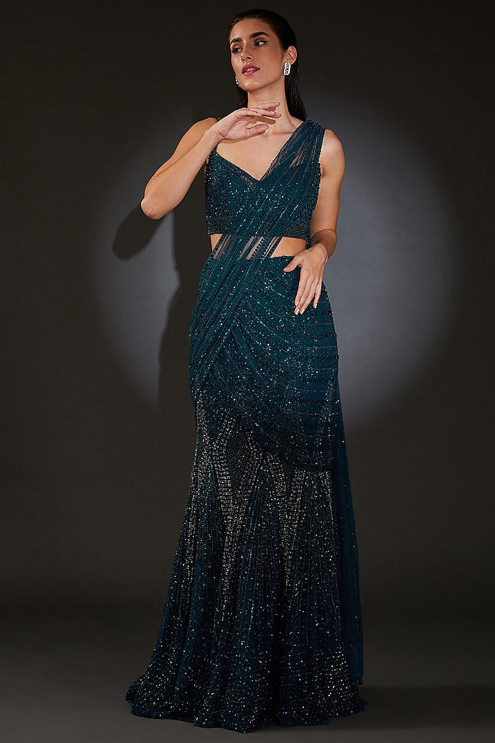 Galaxy Blue Tulle Embroidered Bridal Saree Gown by Rohit Gandhi & Rahul Khanna at Pernia's Pop Up Shop