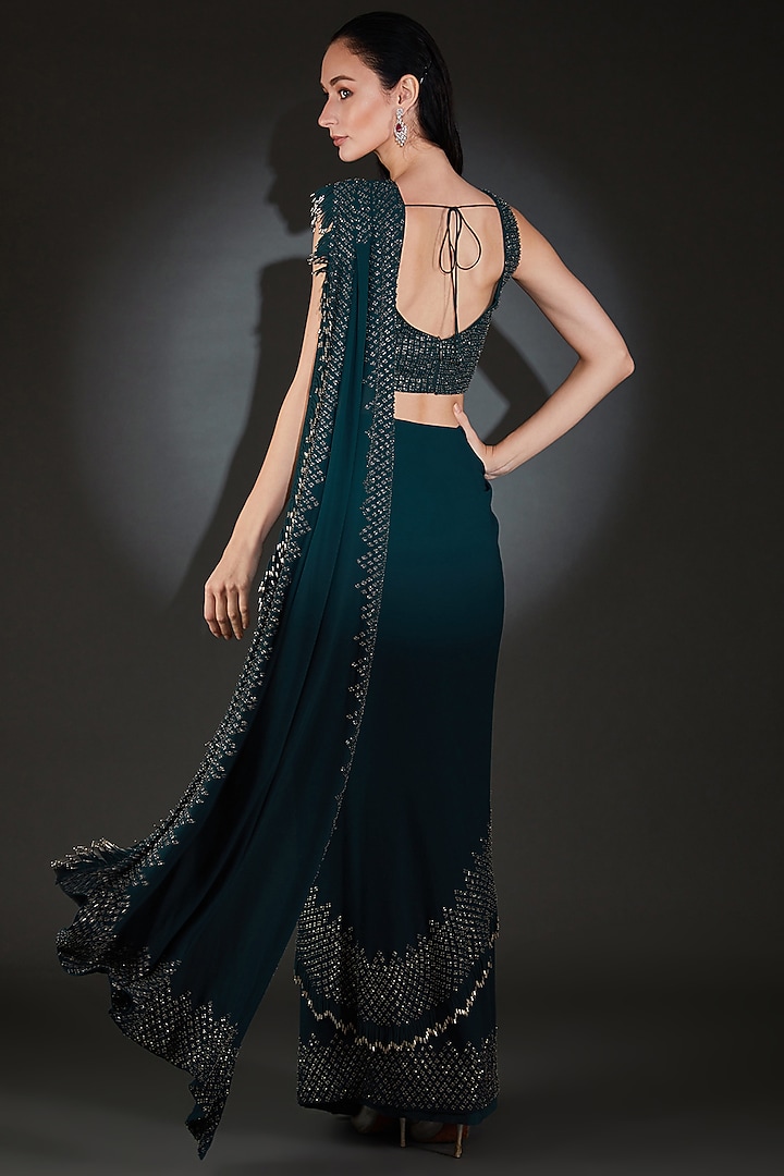Bottle Green Georgette Metallic Sequins Embroidered Pre-Stitched Reception Saree Set by Rohit Gandhi & Rahul Khanna at Pernia's Pop Up Shop