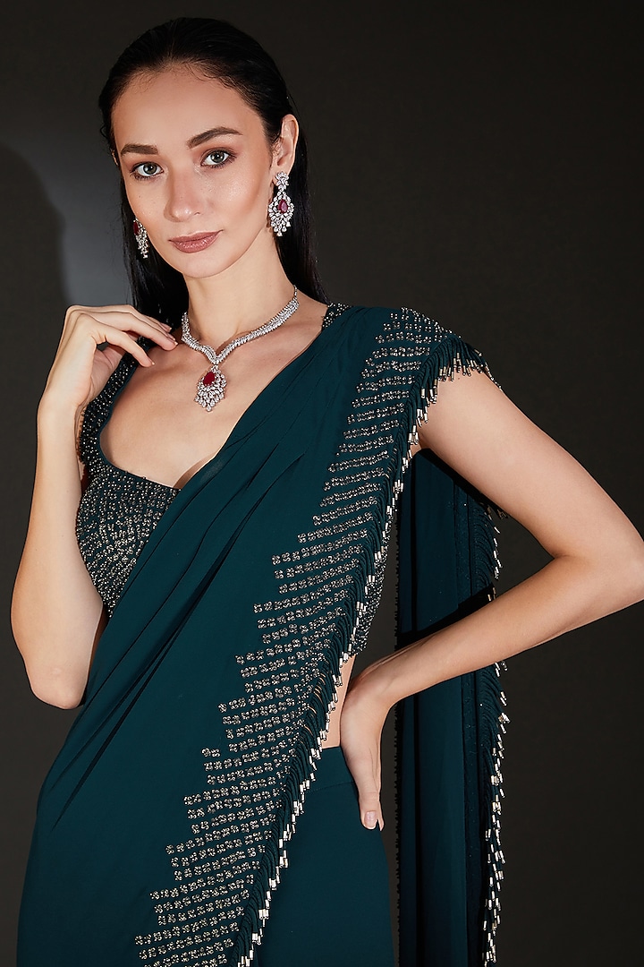 Bottle Green Georgette Metallic Sequins Embroidered Pre-Stitched Reception Saree Set by Rohit Gandhi & Rahul Khanna at Pernia's Pop Up Shop