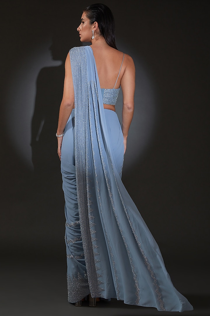 Sky Blue Silk Georgette Embroidered Pre-Stitched Reception Saree Set by Rohit Gandhi & Rahul Khanna at Pernia's Pop Up Shop