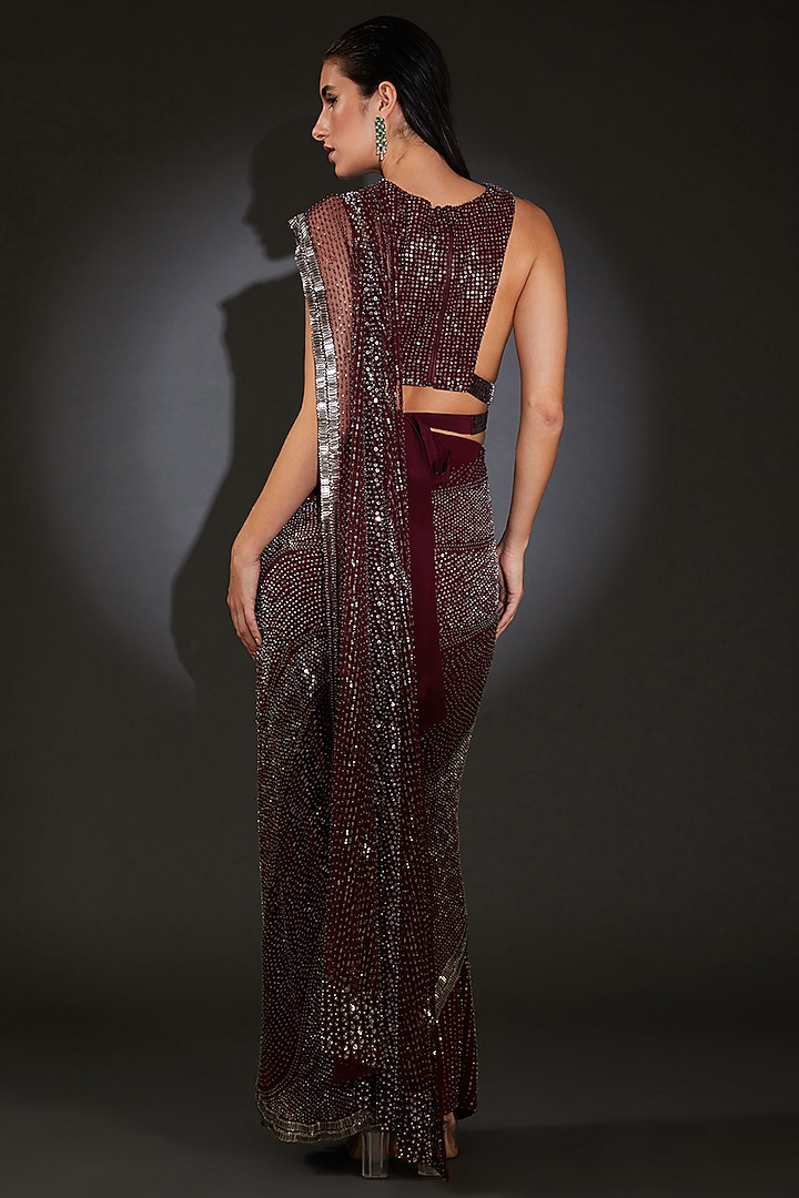 Maroon Georgette Embroidered Pre-Stitched Bridal Saree Set by Rohit Gandhi & Rahul Khanna at Pernia's Pop Up Shop