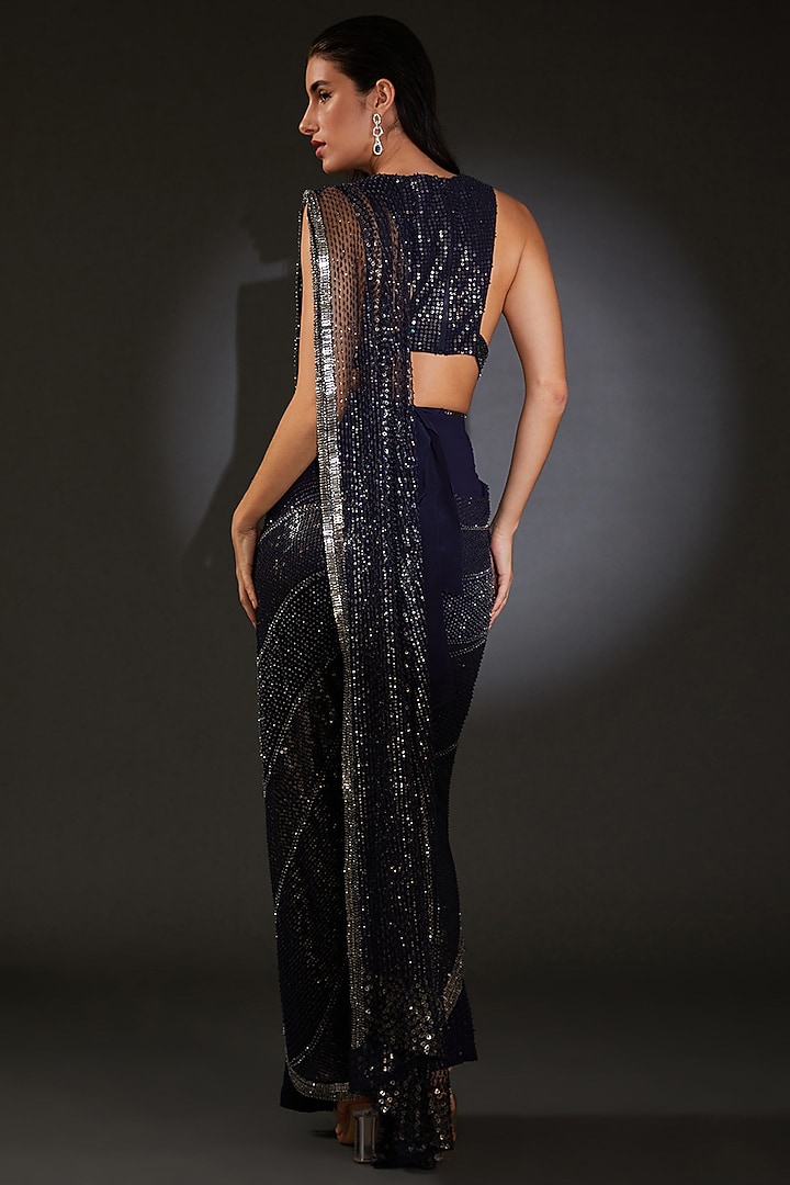 Navy Georgette Embroidered Pre-Stitched Bridal Saree Set by Rohit Gandhi & Rahul Khanna at Pernia's Pop Up Shop