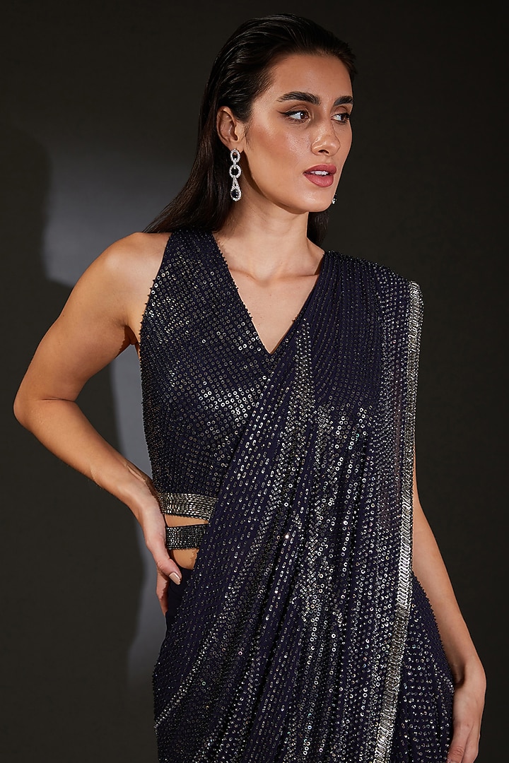 Navy Georgette Embroidered Pre-Stitched Bridal Saree Set by Rohit Gandhi & Rahul Khanna at Pernia's Pop Up Shop