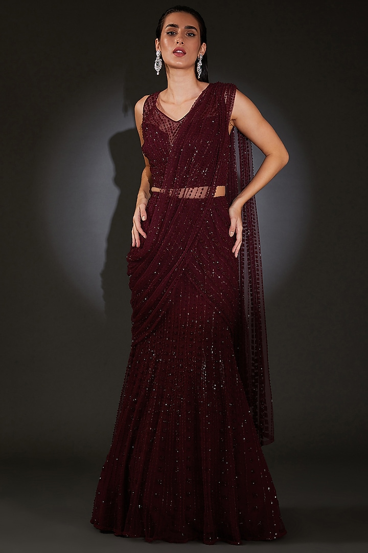 Maroon Tulle Embroidered Pre-Stitched Saree Set by Rohit Gandhi & Rahul Khanna