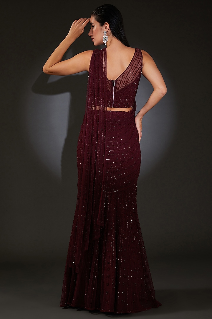 Maroon Tulle Embroidered Pre-Stitched Bridal Saree Set by Rohit Gandhi & Rahul Khanna at Pernia's Pop Up Shop