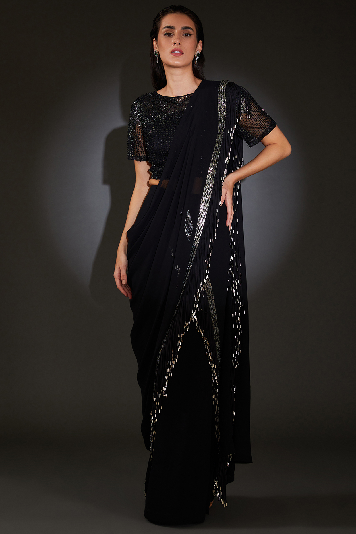 Black Georgette Embellished Reception Saree Set by Rohit Gandhi & Rahul Khanna at Pernia's Pop Up Shop