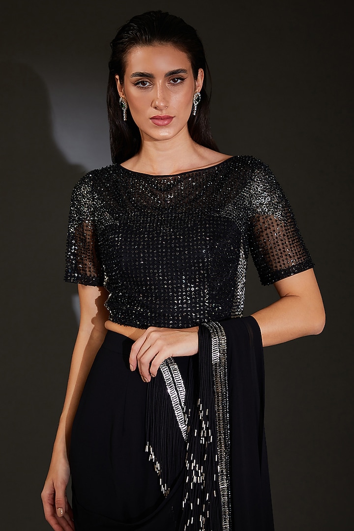 Black Georgette Embellished Reception Saree Set by Rohit Gandhi & Rahul Khanna at Pernia's Pop Up Shop