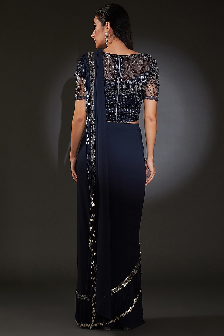 Navy Georgette Embellished Reception Saree Set by Rohit Gandhi & Rahul Khanna at Pernia's Pop Up Shop