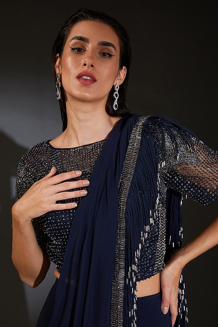 Navy Georgette Embellished Reception Saree Set by Rohit Gandhi & Rahul Khanna at Pernia's Pop Up Shop
