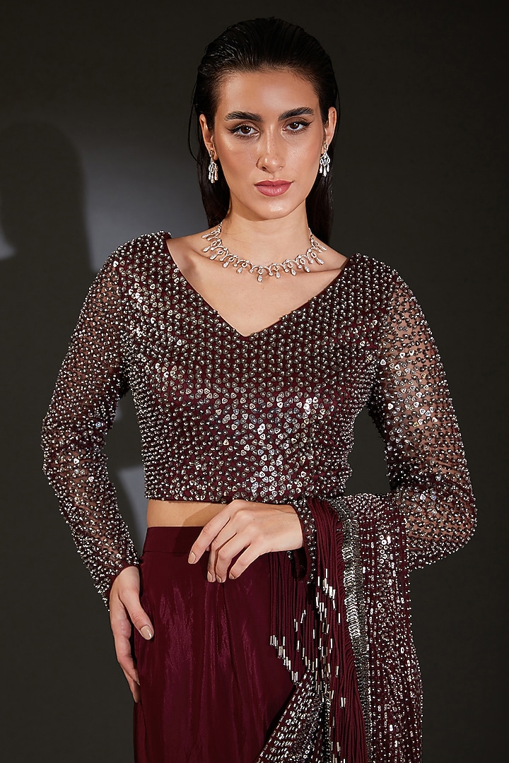 Maroon Poly Georgette Embroidered Draped Bridal Saree Set by Rohit Gandhi & Rahul Khanna at Pernia's Pop Up Shop