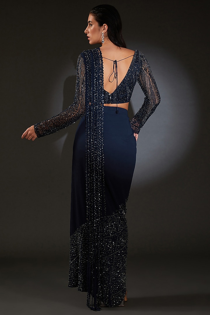 Galaxy Blue Tulle Embroidered Draped Bridal Saree Set by Rohit Gandhi & Rahul Khanna at Pernia's Pop Up Shop