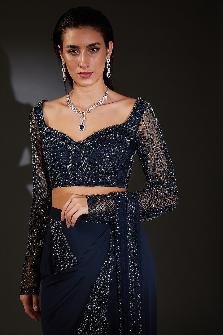 Galaxy Blue Tulle Embroidered Draped Bridal Saree Set by Rohit Gandhi & Rahul Khanna at Pernia's Pop Up Shop