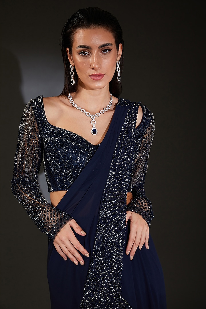Galaxy Blue Tulle Embroidered Draped Bridal Saree Set by Rohit Gandhi & Rahul Khanna at Pernia's Pop Up Shop