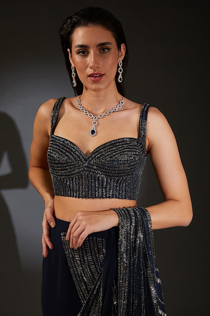 Black Silk Georgette Embroidered Bridal Saree Set by Rohit Gandhi & Rahul Khanna at Pernia's Pop Up Shop