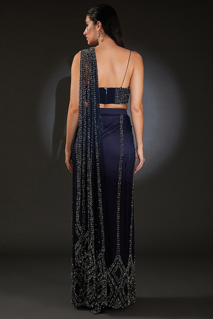 Galaxy Blue Tulle Embroidered Pre-Stitched Bridal Saree Set by Rohit Gandhi & Rahul Khanna at Pernia's Pop Up Shop