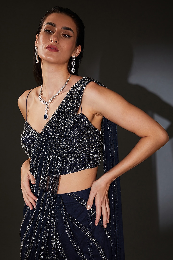 Galaxy Blue Tulle Embroidered Pre-Stitched Bridal Saree Set by Rohit Gandhi & Rahul Khanna at Pernia's Pop Up Shop