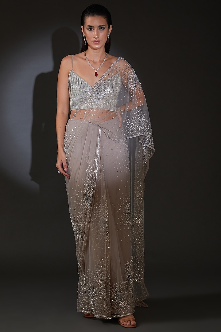 Silver Tulle Embroidered Saree Set by Rohit Gandhi & Rahul Khanna