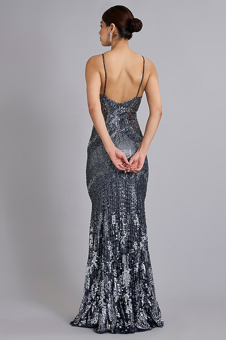 Steel Grey Silk Tulle Crystal Embroidered Bridal Gown by Rohit Gandhi & Rahul Khanna at Pernia's Pop Up Shop
