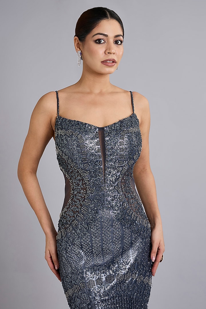 Steel Grey Silk Tulle Crystal Embroidered Bridal Gown by Rohit Gandhi & Rahul Khanna at Pernia's Pop Up Shop