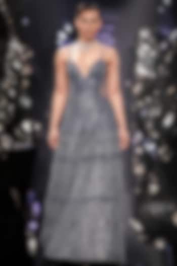 Slate Blue Tulle Metallic Embroidered Bridal Gown by Rohit Gandhi & Rahul Khanna at Pernia's Pop Up Shop