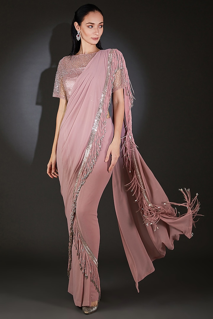 Pink Georgette Tassel Embellished Saree Set by Rohit Gandhi & Rahul Khanna