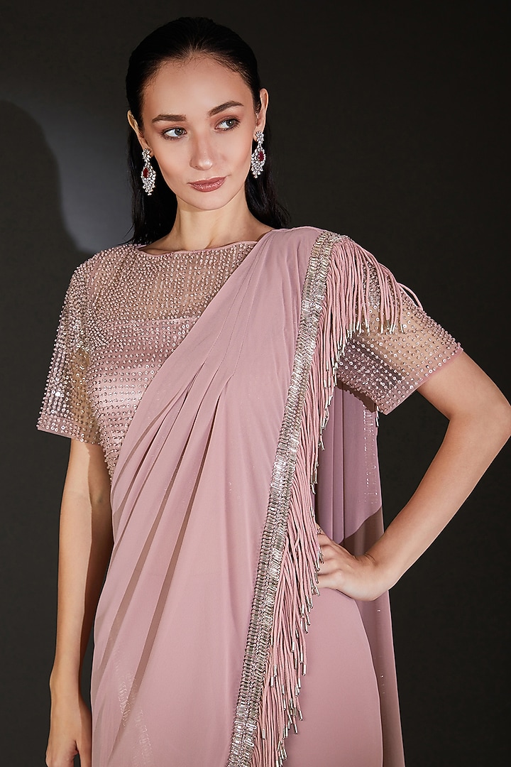 Pink Georgette Tassel Embellished Reception Saree Set by Rohit Gandhi & Rahul Khanna at Pernia's Pop Up Shop