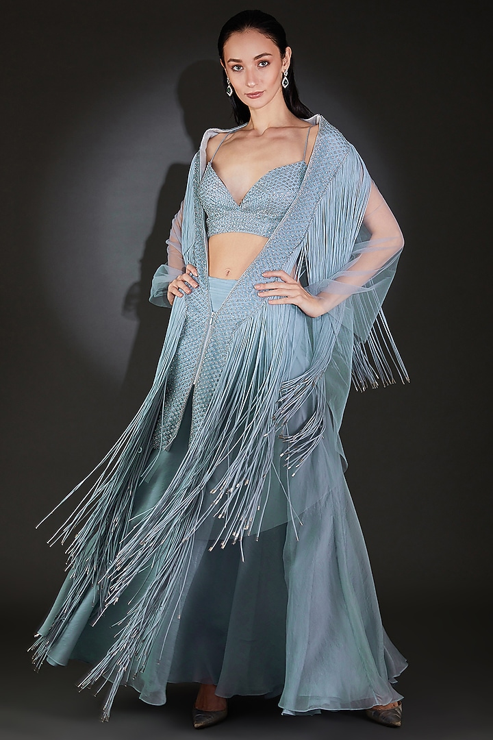 Iris Blue Silk Organza Bridal Lehenga Set by Rohit Gandhi & Rahul Khanna at Pernia's Pop Up Shop
