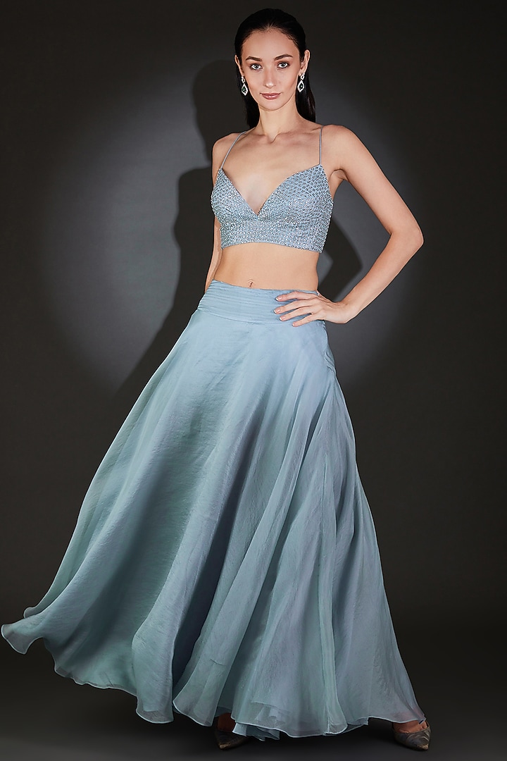 Iris Blue Silk Organza Bridal Lehenga Set by Rohit Gandhi & Rahul Khanna at Pernia's Pop Up Shop