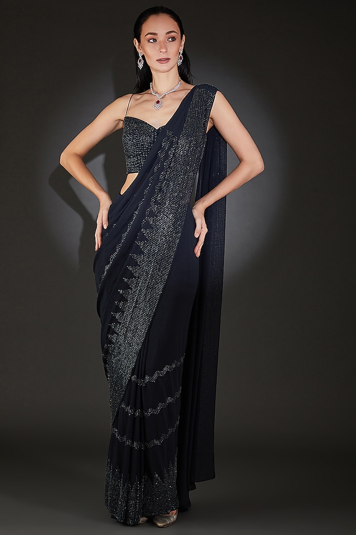 Navy Tulle Embroidered Draped Pre-Stitched Saree Set by Rohit Gandhi & Rahul Khanna