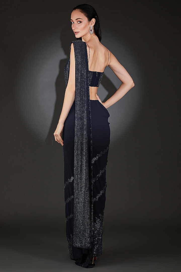 Navy Tulle Embroidered Draped Pre-Stitched Bridal Saree Set by Rohit Gandhi & Rahul Khanna at Pernia's Pop Up Shop