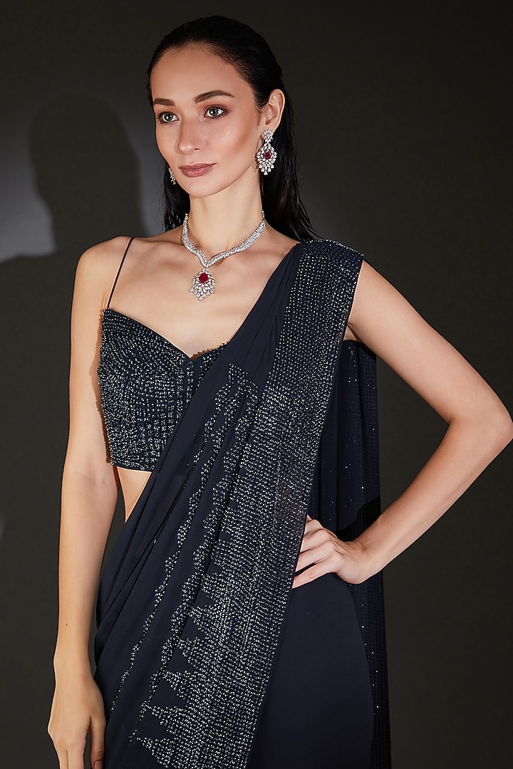 Navy Tulle Embroidered Draped Pre-Stitched Bridal Saree Set by Rohit Gandhi & Rahul Khanna at Pernia's Pop Up Shop