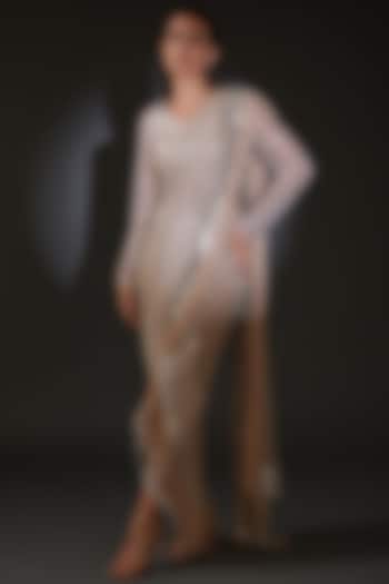 Mist Poly Georgette Draped Bridal Saree With Metallic Fringes by Rohit Gandhi & Rahul Khanna at Pernia's Pop Up Shop